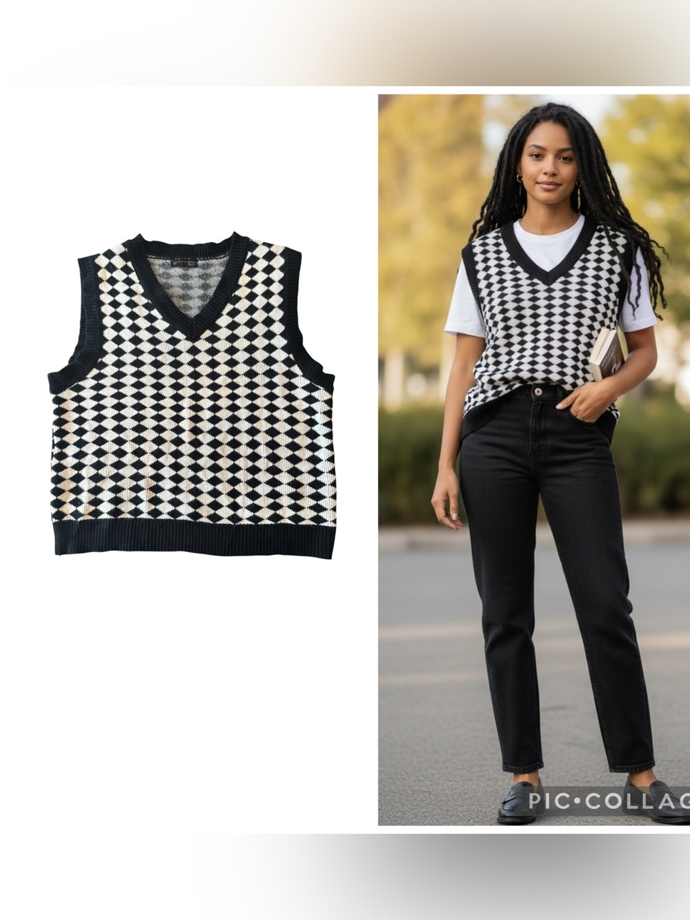 DAZY Diamond Check V-Neck Sweater Vest Black Ivory Size L